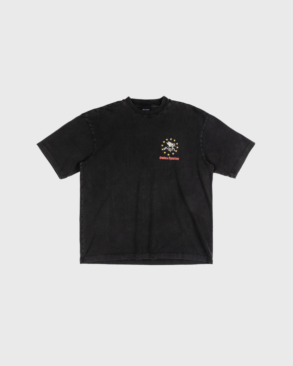 Goodies Sportive Pegasus Union Tee washed black, achterkant met de Pegasus in twaalf gele sterren.