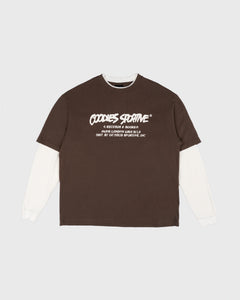 Goodies Sportive Records Longsleeve bruin met ecru wafelmouwen, vooraanzicht met het Records-artwork.