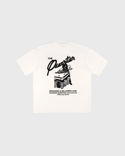 Goodies Sportive Snooker Tee wit, achterkant met zwart snookerartwork en de tekst Snooker en Billiards Hub.