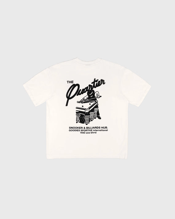 Goodies Sportive Snooker Tee wit, achterkant met zwart snookerartwork en de tekst Snooker en Billiards Hub.