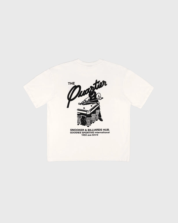 Goodies Sportive Snooker Tee wit, achterkant met zwart snookerartwork en de tekst Snooker en Billiards Hub.