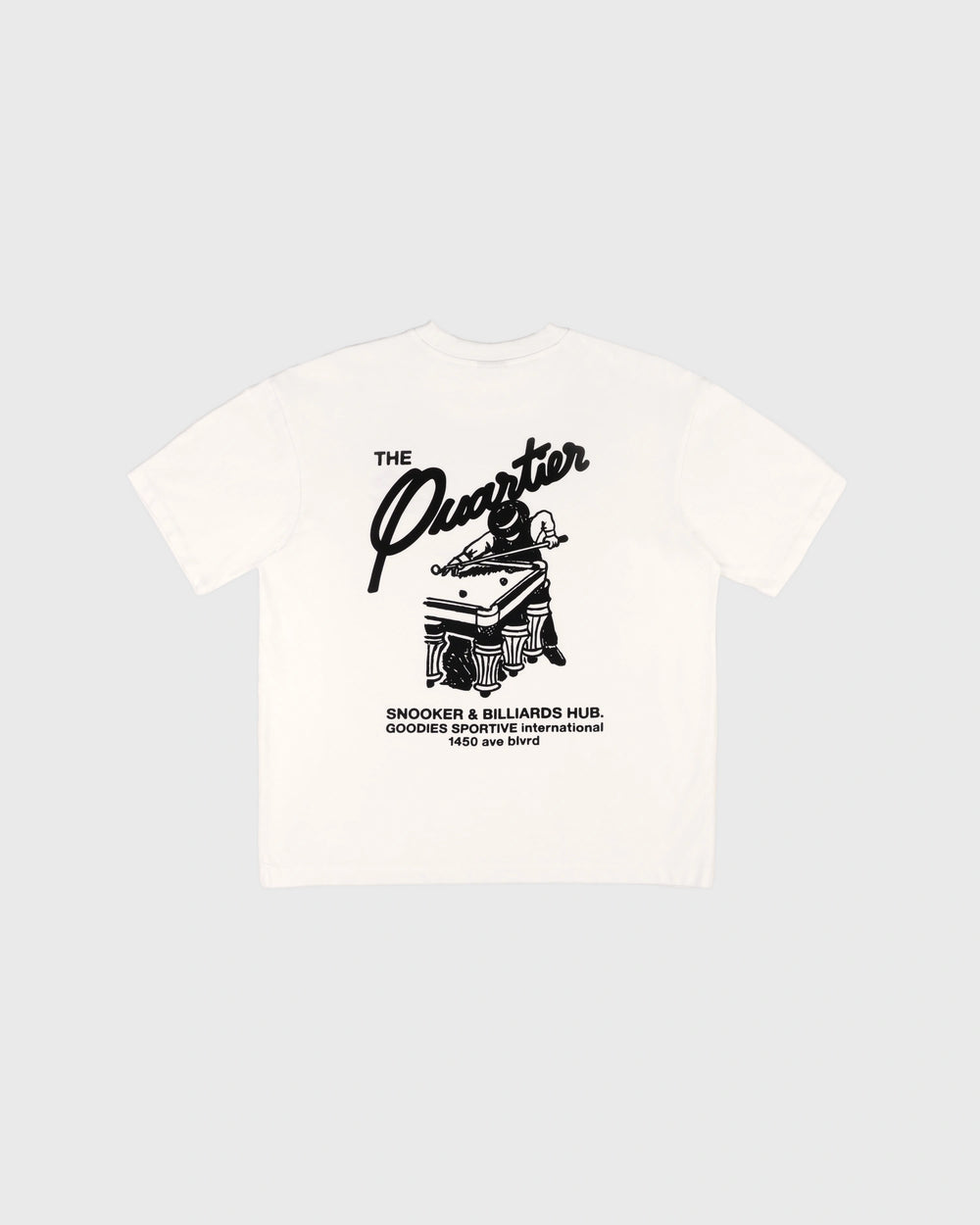 Goodies Sportive Snooker Tee wit, achterkant met zwart snookerartwork en de tekst Snooker en Billiards Hub.