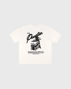 Goodies Sportive Snooker Tee wit, achterkant met zwart snookerartwork en de tekst Snooker en Billiards Hub.