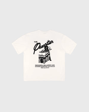 Goodies Sportive Snooker Tee wit, achterkant met zwart snookerartwork en de tekst Snooker en Billiards Hub.