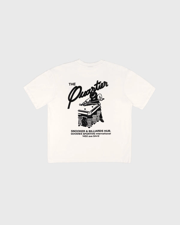 Goodies Sportive Snooker Tee wit, achterkant met zwart snookerartwork en de tekst Snooker en Billiards Hub.
