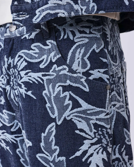 Project X Paris Jacquard Bloemen Jeans, detailopname taille en riemlussen.