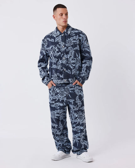 Project X Paris Jacquard Bloemen Jeans, gedragen met bijpassend jack, vooraanzicht.