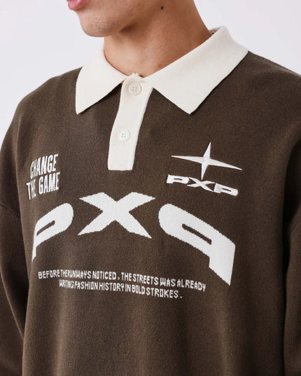Project X Paris Matchday Gebreide Polo Bruin, detailopname.