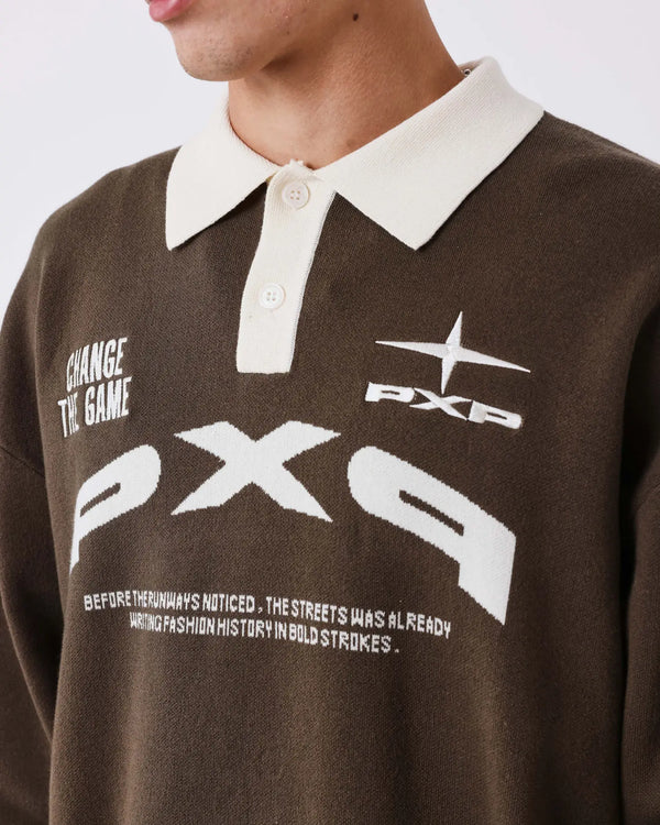 Project X Paris Matchday Gebreide Polo Bruin, detailopname.