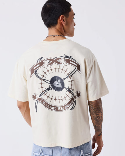Project X Paris Downtown T-Shirt Crème, gedragen door een model, opname 3.