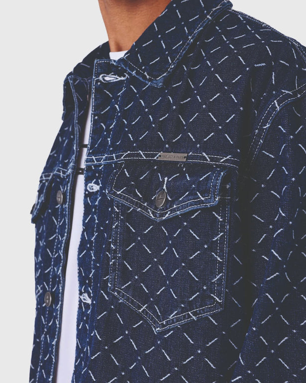 Project X Paris Pattern Denim Jacket Donkerblauw close up detail zakken