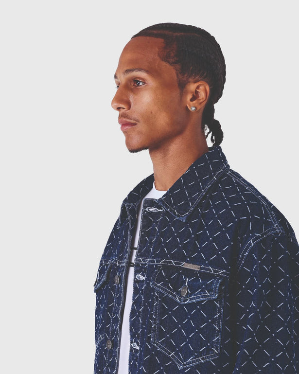 Project X Paris Pattern Denim Jacket Donkerblauw zijaanzicht