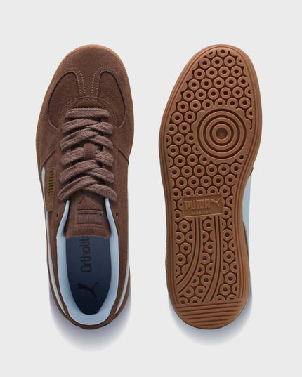 Puma Palermo Suede Unisex Sneaker Bruin Blauw zool en bovenaanzicht