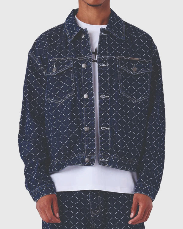 Project X Paris Pattern Denim Jacket Donkerblauw vooraanzicht
