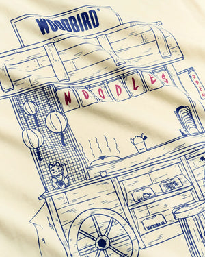 Detail van de blauwe noedelkar-illustratie op de rug