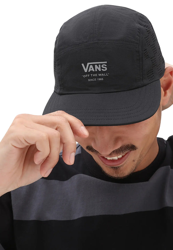 Vans-Outdoors-Camper-5-Panel-Cap-Black-Front-Model