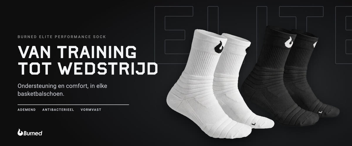 Banner: Burned Elite Performance Sock, van training tot wedstrijd. Ondersteuning en comfort, in elke basketbalschoen. Ademend, antibacterieel, vormvast.